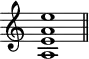 \header {
tagline = ##f
}
\score {
\new Staff \with {
\remove "Time_signature_engraver"
}
\relative c'' {
\key c \major
\time 9/1
\tempo 1 = 60
\autoBeamOff
\clef treble
\override Rest #'style = #'classical
<< a,1 e' a e' >>
\bar "||"
}
\layout {
\context {
\Score
\remove "Metronome_mark_engraver"
}
}
\midi {}
}