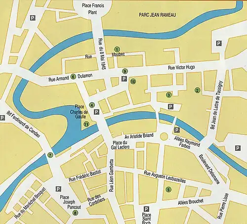 Plan du centre de Mont-de-Marsan, situant les rues des Cordeliers, Léon Gambetta, Frédéric Bastiat délimitant l'ancien couvent