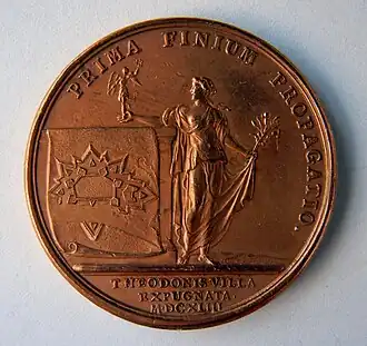 Louis XIV, médaille émise en mémoire de son 5e&nbsp;anniversaire, année de son accession au trône et de la prise de Thionville en 1643 par le Grand Condé, revers.