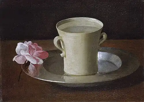 Une tasse d'eau et une rose sur un plateau d'argent Vers 1630 (21 × 30 cm) National Gallery, Londres.