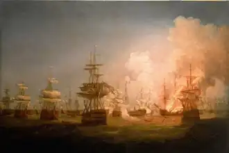 Peinture de Thomas Whitcombe représentant la fin de bataille d'Aboukir