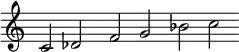
 \relative c'  {\override Score.BarLine.stencil = ##f \override Score.TimeSignature.stencil = ##f c2 des f g bes c}
