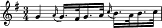 
\header {
  tagline = ##f
}

\score {
  \new Staff \with {

  }
<<
  \relative c'' {
    \key g \major
    \time 3/4
    \override TupletBracket #'bracket-visibility = ##f 
    \autoBeamOff

     %%%%%%%%%%%%%%%%%%%%%%%%%% K11
     g4 \grace a16( g16.[) fis32 g16. a32] \grace c16( b16.[) a32 b16. c32]

  }
>>
  \layout {
    \context {
      \remove "Metronome_mark_engraver"
    }
  }
  \midi {}
}
