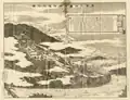 Peinture du grand sanctuaire de Taïwan durant la domination coloniale japonaise. Au bas de la peinture se trouve la rivière Keelung et dans le coin inférieur droit le pont de Meiji est partiellement visible.
