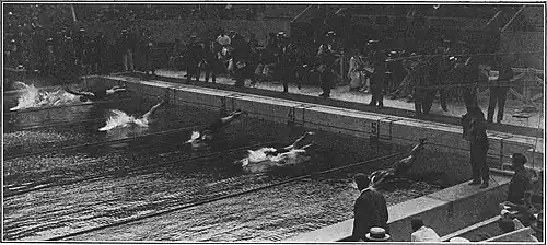 Demi-finale du 100 mètres nage libre masculin, le 19 juillet. De h. en b. : USA : Duke Kahanamoku, CAN : Clayton Bourne SWE : Orvar Trolle JPN : Katsuo Takaishi HUN : István Bárány, USA : Samuel Kahanamoku.