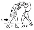 [A] exerce un pressing en portant des jabs en position rentrée (crouch), ici en Boxe birmane