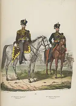 Trompette à gauche et sous-officier à droite de hussards Prussiens.