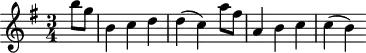 
\header {
  tagline = ##f
}

\score {
  \new Staff \with {

  }
<<
  \relative c'' {
    \key g \major
    \time 3/4
    \override TupletBracket #'bracket-visibility = ##f 
    \autoBeamOff

     %%%%%%%%%%%%%%%%%%%%%%%%%% K1e
     \partial 4 b'8[ g] b,4 c d d( c) a'8[ fis] a,4 b c c( b)

  }
>>
  \layout {
    \context {
      \remove "Metronome_mark_engraver"
    }
  }
  \midi {}
}
