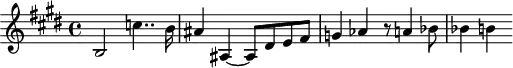 
\header {
  tagline = ##f
}

\score {
  \new Staff \with {

  }
<<
  \relative c'' {
    \clef treble
    \key e \major
    \time 4/4
    \tempo 4 = 70
    \override TupletBracket #'bracket-visibility = ##f 
    %\autoBeamOff
    \set Staff.midiInstrument = #"string ensemble 1"

     %%%%%%%%%%%%%%%%%%%%%%%%%% AB 9-3 th1
     b,2 c'!4.. b16 ais4 ais,!4~ ais8 dis e fis g!4 aes r8 a!4 bes8 bes4 b!
  }
>>
  \layout {
    \context { \Score \remove "Metronome_mark_engraver"
    }
  }
  \midi {}
}

