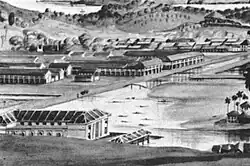 Vue de Singapour vers 1845 ; les maisons de magasin avec arcades peuvent être vues dans ce dessin de John Turnbull Thomson