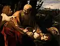tableau à trois personnages d'Abraham voulant sacrifier Isaac, la lecture du tableau se fait de gauche à droite.