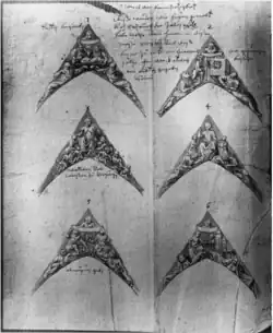 Dessin de six triangles remplis de personnages.