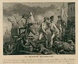 « La bravoure récompensée : Mr le comte d'Estaing, à l'attaque du Mol de la Grenade, embrasse, et fait officier, le Brave Ouradour, grenadier du régiment de Rouergue que venait de sauver, sous ses yeux, la vie à Mr de Vence. »