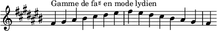 {
\override Score.TimeSignature #'stencil = ##f
\relative c' {
\key fis \lydian
\clef treble \time 7/4
fis4^\markup { Gamme de fa♯ en mode lydien } gis ais bis cis dis eis fis eis dis cis bis ais gis fis
} }