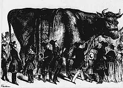 Gravure figurant un bœuf que regardent, deux fois plus petits que lui, des hommes, des femmes et des enfants
