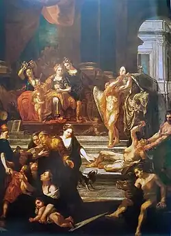 Décor gréco-romain. Dominant un ange, des gens en détresse et deux chiens, deux femmes tiennent l'une un sceptre, l'autre une flèche. Une autre tient une clé d'or.
