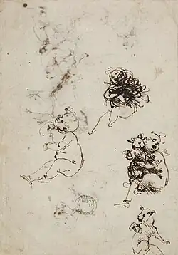 Un dessin de l’Enfant (seul), un de Vierge à l’Enfant avec un chat, et un de chat (seul).