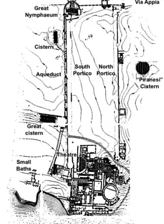 Plan général du site, avec le Grand Nymphée séparé de la zone principale (la Voie Appienne est en haut, le nord en bas à droite).