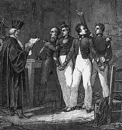 Gravure des quatre sergents de La Rochelle de 1822.