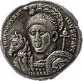 Constantin le Grand, médaillon en argent, Ticinum ou Rome, 315, avers : Constantin avec christogramme sur le casque