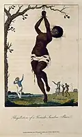 Gravure représentant un des châtiments pratiqués par les esclavagistes au Suriname.