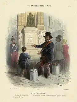 Caricature de 1844 brocardant le fait qu'il était interdit de puiser l'eau de la nouvelle fontaine.