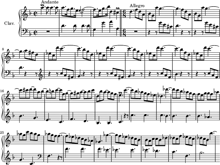 \version "2.18.2"
\header {
tagline = ##f
% composer = "Domenico Scarlatti"
% opus = "K. 396"
% meter = "Andante/Allegro"
}
%% les petites notes
trillApUp = { \tag #'print { a'4.\prall } \tag #'midi { bes32 a bes a~ a4 } }
appoFb = { \tag #'print { \appoggiatura e4 f2~ } \tag #'midi { e4 f4~ } }
trillCis = { \tag #'print { cis4\prall } \tag #'midi { d32 cis d cis~ \tempo 2 = 30 cis8 \tempo 2 = 110 } }
trillep = { \tag #'print { e4.\prall } \tag #'midi { f32 e f e~ e4 } }
upper = \relative c'' {
\clef treble
\key d \minor
\time 2/2
\tempo 2 = 56
\set Staff.midiInstrument = #"harpsichord"
\override TupletBracket.bracket-visibility = ##f
s8*0^\markup{Andante}
\trillApUp a8 a4. a8 | a8. f16 g8. e16 \appoFb | f8. e16 g8. bes16 d,4 \trillCis \time 6/8 \tempo 4. = 110
% ms. 4
d4.^\markup{Allegro} \repeat unfold 2 { f8 d a | bes g a' g4.~ | g4. }
% ms. 8 suite
a8 fis d | ees c d' c4.~ | \repeat unfold 2 { c4. bes8 g d | ees c d' c4.~ } |
% ms. 14
c4. bes8 f d | ees c d' c4.~ |
% ms. 16
c8 cis d~ d a bes~ | bes b c~ c f, g~ | g gis a~ a bes c | d, bes' a~ a g f |
% ms. 20
\trillep c'4.~ | c8 bes aes g f ees | des4. des'4.~ | des8 c bes aes g f | f e g g f aes |
% ms. 25
aes g c bes aes g | aes g f f4.~ | f8 ees des c bes aes | ges4. ges'~ | ges8 f ees des c bes |
% ms. 30
bes8 a c c bes des | des c f ees des c | des c bes bes'4.~ | \hideNotes bes8*1/8
}
lower = \relative c' {
\clef bass
\key d \minor
\time 2/2
\set Staff.midiInstrument = #"harpsichord"
\override TupletBracket.bracket-visibility = ##f
% ************************************** \appoggiatura a16 \repeat unfold 2 { } \times 2/3 { } \omit TupletNumber
R1 | \repeat unfold 2 { d4. d8 } | g,4 g' a a, \bar "||" \time 6/8
% ms. 4
R2. | \repeat unfold 2 { r4 r8 g'8 e cis | d4. r4 r8 } | \clef treble
% ms. 9
\repeat unfold 2 { r4 r8 c'8 a fis | g4. r4 r8 } | r4 r8 c8 a f | bes4. r4 r8 | r4 r8 c8 a f |
% ms. 16
bes4. g | e c | f d | bes bes |
% ms. 20
c4. r4 r8 | c'4. c | c bes | bes bes | bes aes |
% ms. 25
g4. c, | \clef bass f,4. r4 r8 | f'4. f | f ees | ees ees |
% ms. 30
ees4. des | c f, | bes2. | s64
}
thePianoStaff = \new PianoStaff <<
\set PianoStaff.instrumentName = #"Clav."
\new Staff = "upper" \upper
\new Staff = "lower" \lower
>>
\score {
\keepWithTag #'print \thePianoStaff
\layout {
#(layout-set-staff-size 17)
\context {
\Score
\override SpacingSpanner.common-shortest-duration = #(ly:make-moment 1/2)
\remove "Metronome_mark_engraver"
}
}
}
\score {
\keepWithTag #'midi \thePianoStaff
\midi { }
}