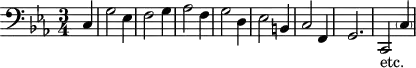 
\version "2.14.2"
\header {
  tagline = ##f
}

\score {
  \new Staff \with {
    % \remove "Time_signature_engraver"
    % instrumentName = #"BWV 582 "
  }
  \relative c {
    \key c \minor
    \time 3/4
    \tempo 4 = 82
    \autoBeamOff
    \clef bass
    \override Rest #'style = #'classical
    
   % BWV 582
   \partial 4 c4 |
   g'2 ees4 | f2 g4 | aes2 f4 | g2 d4 | ees2 b4 | c2 f,4 | g2. | c,2-"etc." \parenthesize c'4 |

  }
  \layout {
      #(layout-set-staff-size 17)
    \context {
      \Score
      \remove "Metronome_mark_engraver"
      \override SpacingSpanner.common-shortest-duration = #(ly:make-moment 1/2)
    }
  } 
 \midi {    \set Staff.midiInstrument = #"church organ"}
}
