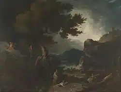 Niobé est au centre, serrant un petit enfant vers elle et levant les yeux vers le ciel. À gauche, Apollon et Artémis tirent des flèches sur ses enfants. Plusieurs sont déjà morts ou blessés ; les autres, à droite, tentent de s'échapper. Il y a une masse d'arbres cassés à l'extrême gauche, une forteresse et une mer orageuse avec un éclair à droite.