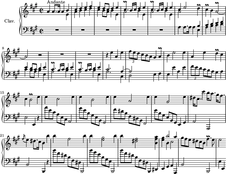 
\version "2.18.2"
\header {
  tagline = ##f
  % composer = "Domenico Scarlatti"
  % opus = "K. 499"
  % meter = "Andante"
}

%% les petites notes
trillCisp      = { \tag #'print { cis4.\prall } \tag #'midi { d32 cis d cis~ cis4 } }
trillD         = { \tag #'print { d4\prall } \tag #'midi { e32 d e d~ d8 } }
trillCis       = { \tag #'print { cis4\prall } \tag #'midi { d32 cis d cis~ cis8 } }
trillAb        = { \tag #'print { a2\prall~ } \tag #'midi { b32 a b a~ a8~ a4~ } }
trillA         = { \tag #'print { a4\prall } \tag #'midi { b32 a b a~ a8~ } }
trillFispUp    = { \tag #'print { fis'4.\prall } \tag #'midi { gis32 fis gis fis~ fis4 } }
trillBb        = { \tag #'print { b2\prall } \tag #'midi { cis32 b cis b~ b8~ b4 } }

upper = \relative c'' {
  \clef treble 
  \key a \major
  \time 2/2
  \tempo 2 = 69
  \set Staff.midiInstrument = #"harpsichord"
  \override TupletBracket.bracket-visibility = ##f

      s8*0^\markup{Andante}
      a4 a8. a16 a4 << { b4 | cis d e fis | e d8 cis d4 e | \repeat unfold 2 { \trillCisp b16 cis d4 e } } \\ { e,4 | a b cis d | cis b8 a b4 | e, | \repeat unfold 2 { a2 b4 e, }  } >>
      % ms. 6
      << { cis'4 e2 } \\ { a,2 } >> \trillD | \trillCis b4 \trillAb a2 r2 | R1*2 |
      % ms. 11
      r4 e'4 a, e' | \times 2/3 { fis8 e d } \omit TupletNumber \times 2/3 { cis8[ b a] } gis4 \trillA | b4 e2 e4 | a, e' \trillD cis4 |
      % ms. 15
      cis4 \trillBb e4 | e cis2 e4 | e b2 e4 | e a,2 e'4 | 
      % ms. 19
      e gis,2 e'4 | dis16 cis8. cis'4 b16 a8. gis16[ fis8.] | \acciaccatura fis8 e4 dis8. cis16 b4 b' | b fis2 b4 |
      % ms. 23
      b4 < e, gis >2 b'4 | b < dis, fis >2 < b fis' a >4 | < e gis > << { b'2 a4 } \\ { b,4 cis2 } >> | \times 2/3 { gis'8 fis e } \times 2/3 { dis8[ cis b] } \trillFispUp e8 |
      % ms. 27
      e2 

}

lower = \relative c' {
  \clef bass
  \key a \major
  \time 2/2
  \set Staff.midiInstrument = #"harpsichord"
  \override TupletBracket.bracket-visibility = ##f

    % ************************************** \appoggiatura a16  \repeat unfold 2 {  } \times 2/3 { }   \omit TupletNumber 
      R1*5 |
      % ms. 6
      a4 a8. a16 a4 << { b4 | cis d e fis | e d8 cis d4 e | \repeat unfold 2 { \trillCisp b16 cis d4 e } } \\ { e,4 | a b cis d | cis b8 a b4 | e, | \repeat unfold 2 { a2 b4 e, }  } >>
      % ms. 11
      << { cis'2. a4~ | a2 } \\ { a2. cis,4 | d2 } >> e4 fis | e e' a, e' | \times 2/3 { fis8 e d } \omit TupletNumber \times 2/3 { cis8[ b a] } gis4 a |
      % ms. 15
      e2 e,4 r4 | \times 2/3 { a''8 e cis } \times 2/3 { a8[ e cis] } a2 | \times 2/3 { gis''8 e b } \times 2/3 { gis8[ e b] } gis2 | \times 2/3 { fis''8 dis b } \times 2/3 { fis8[ dis b] } fis2
      % ms. 19
      \times 2/3 { e''8 b gis } \times 2/3 { e8[ b gis] } e4 gis | a2 a, | b' b,4 r4 | \times 2/3 { b'''8 fis dis } \times 2/3 { b8[ fis dis] } b,2
      % ms. 23
      \times 2/3 { b'''8 gis e } \times 2/3 { b8[ gis e] } b,2 | \times 2/3 { b'''8 fis dis } \times 2/3 { b8[ fis dis] } b,4 dis | e gis a a, | b'2 b, |
      % ms. 27
      e'4 e, 

}

thePianoStaff = \new PianoStaff <<
    \set PianoStaff.instrumentName = #"Clav."
    \new Staff = "upper" \upper
    \new Staff = "lower" \lower
  >>

\score {
  \keepWithTag #'print \thePianoStaff
  \layout {
      #(layout-set-staff-size 17)
    \context {
      \Score
     \override SpacingSpanner.common-shortest-duration = #(ly:make-moment 1/2)
      \remove "Metronome_mark_engraver"
    }
  }
}

\score {
  \keepWithTag #'midi \thePianoStaff
  \midi { }
}

