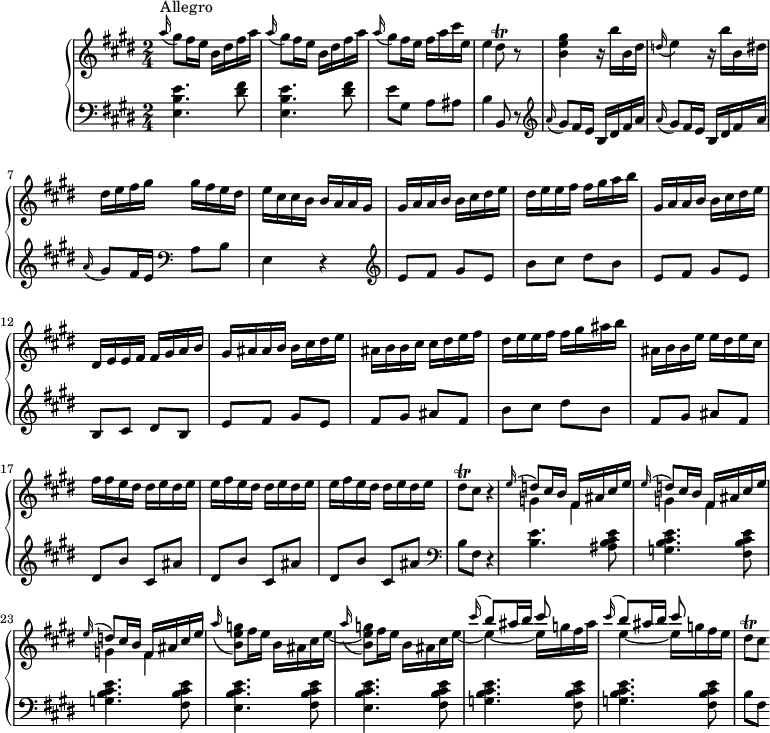 \version "2.18.2"
\header {
tagline = ##f
% composer = "Domenico Scarlatti"
% opus = "K. 134"
% meter = "Allegro"
}
%% les petites notes
trillDisq = { \tag #'print { dis8\trill } \tag #'midi { e32 dis e dis } }
upper = \relative c'' {
\clef treble
\key e \major
\time 2/4
\tempo 4 = 82
\set Staff.midiInstrument = #"harpsichord"
\override TupletBracket.bracket-visibility = ##f
s8*0^\markup{Allegro}
\repeat unfold 2 { \appoggiatura a'16 gis8 fis16 e b dis fis a } | \appoggiatura a16 gis8 fis16 e fis a cis e, | e4 \trillDisq r8 |
% ms. 5
< b e gis >4 r16 b'16 b, dis | \appoggiatura d16 e4 r16 b'16 b, dis | dis e fis gis gis fis e dis | e cis cis b b a a gis | gis a a b b cis dis e |
% ms. 10
dis16 e e fis fis gis a b | gis, a a b b cis dis e | dis,16 e e fis fis gis a b | gis ais ais b b cis dis e | ais, b b cis cis dis e fis |
% ms. 15
dis16 e e fis fis gis ais b | ais, b b e e dis e cis | fis fis e dis dis e dis e | \repeat unfold 2 { e fis e dis dis e dis e }
% ms. 20
\trillDisq cis8 r4 | \repeat unfold 3 { << { \appoggiatura e16 \stemUp d8 cis16 b fis ais cis e } \\ { g,4 fis } >> } |
% ms. 24
<< { s1 | \repeat unfold 2 { \appoggiatura cis''16 \stemUp b8 ais16 b cis8 s8 } } \\ { \repeat unfold 2 { \stemUp \appoggiatura a16 \stemDown < b, e g >8 fis'16 e b ais cis e~ } | e4~ e16 g fis ais e4~ e16 g fis e } >> | \trillDisq cis8
}
lower = \relative c' {
\clef bass
\key e \major
\time 2/4
\set Staff.midiInstrument = #"harpsichord"
\override TupletBracket.bracket-visibility = ##f
% ************************************** \appoggiatura a16 \repeat unfold 2 { } \times 2/3 { } \omit TupletNumber
\grace s16 \repeat unfold 2 { < e, b' e >4. < dis' fis >8 } | e8 gis, a ais | b4 b,8 r8 | \clef treble
% ms. 5
\repeat unfold 2 { \appoggiatura a''16 gis8 fis16 e b dis fis a } | \appoggiatura a16 gis8 fis16 e \clef bass a,8 b | e,4 r4 | \clef treble e'8 fis gis e |
% ms. 10
b'8 cis dis b | e, fis gis e | b cis dis b | e fis gis e | fis gis ais fis |
% ms. 15
b8 cis dis b | fis gis ais fis | \repeat unfold 3 { dis b' cis, ais' } | \clef bass
% ms. 20
b,8 fis r4 | < b e >4. < ais b cis e >8 | \repeat unfold 2 { < g b cis e >4. < fis b cis e >8 } |
% ms. 24
\repeat unfold 2 { < e b' cis e >4. < fis b cis e >8 } | \repeat unfold 2 { < g b cis e >4. < fis b cis e >8 } | b fis
}
thePianoStaff = \new PianoStaff <<
\set PianoStaff.instrumentName = #"Clav."
\new Staff = "upper" \upper
\new Staff = "lower" \lower
>>
\score {
\keepWithTag #'print \thePianoStaff
\layout {
#(layout-set-staff-size 17)
\context {
\Score
\override SpacingSpanner.common-shortest-duration = #(ly:make-moment 1/2)
\remove "Metronome_mark_engraver"
}
}
}
\score {
\keepWithTag #'midi \thePianoStaff
\midi { }
}