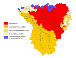 Détail d'une carte indiquant les principales étapes de la formation territoriale du Béarn.