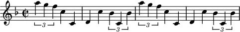 \header {
tagline = ##f
}
\score {
\new Staff \with {
}
<<
\relative c'' {
\key f \major
\time 2/2
\tempo 2 = 70
\set Staff.midiInstrument = #"string ensemble 1"
%%%%%%%%%%%%%%%%%%%%%%%%%% AB 3-1 th4
\times 2/3 { a'4 g f } c c, d c' \times 2/3 { bes c, bes' }
\times 2/3 { a'4 g f } c c, d c' \times 2/3 { bes c, bes' }
}
>>
\layout {
\context { \Score \remove "Metronome_mark_engraver"
}
}
\midi {}
}