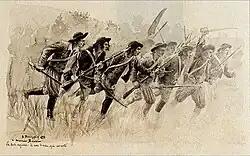 Dessin représentant une dizaine de paysans armés en train de courir sur un rang.