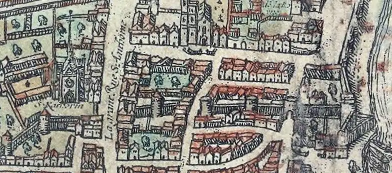 Détail (partie haute et senestre de l'image précédente) : l'enceinte dans le quartier Saint-Paul avec l'emplacement de la porte Saint-Antoine correspondante (cette porte a été détruite en 1382) ; sur la droite, figurent une poterne, dite poterne des Barrés, qui serait située de nos jours sur la rue de l'Ave Maria, et encore à droite de cette poterne à proximité de la Seine, l'ancienne tour Barbeau.