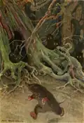 Illustration par Bransom de Monsieur Taupe traversant le Bois. La légende dit : « Pris de panique, il se mit à courir. ».