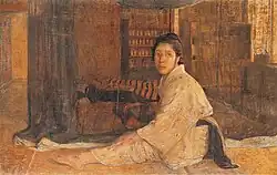 Peinture d'une femme assise derrière un voile