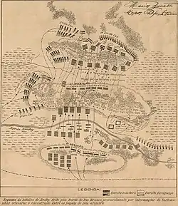 Dessin en noir sur fond sepia. Schéma de bataille montrant l'évolution des troupes brésiliennes, et les différentes positions et points de rencontre.