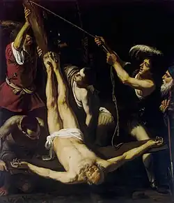 Peinture d'un homme âgé crucifié la tête en bas par quatre hommes. Un vieillard et un soldat observent la scène.