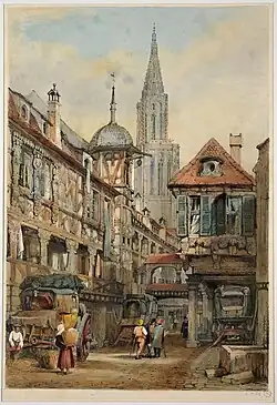 Cour du Corbeau (lithographie de Samuel Prout, vers 1824[4])