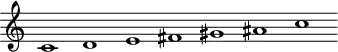 
\header {
  tagline = ##f
}

\score {
  \new Staff \with {
     \remove "Time_signature_engraver"
  }
<<
  \relative c' {
    \key c \major
    \time 32/1
    %\set Staff.midiInstrument = #"violin" 
    \override TupletBracket #'bracket-visibility = ##f 
    %\autoBeamOff

     %%%%%%%%%
     c1 d e fis gis ais c

  }
>>
  \layout {
     \context { \Score \remove "Metronome_mark_engraver" }
  }
  \midi {    \tempo 1=56}
}
