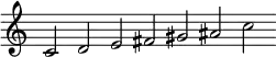 
\new Staff = "haut" \with {\remove "Time_signature_engraver"}{
\cadenzaOn
\relative c' {c2 d e fis gis ais c}
}
