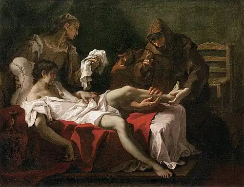 Antoine de Padoue guérissant un jeune homme qui s'était amputé le pied pour se punir d'avoir frappé sa mère v. 1690, Sebastiano Ricci