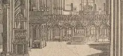 Dessin montrant le jubé, faisant face à un autel et une chapelle.