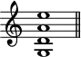 \version "2.18.2"
\header {
tagline = ##f
}
\score {
\new Staff \with {
\remove "Time_signature_engraver"
}
\relative c'' {
\key c \major
\time 9/1
\tempo 1 = 60
\autoBeamOff
\clef treble
\override Rest #'style = #'classical
<< g,1 d' a' e' >>
\bar "||"
}
\layout {
\context {
\Score
\remove "Metronome_mark_engraver"
}
}
\midi {}
}