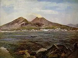 Tableau représentant un volcan fumant vu de la mer.