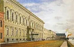 Aquarelle montrant une rue en perspective avec un bâtiment de style néo-classique.