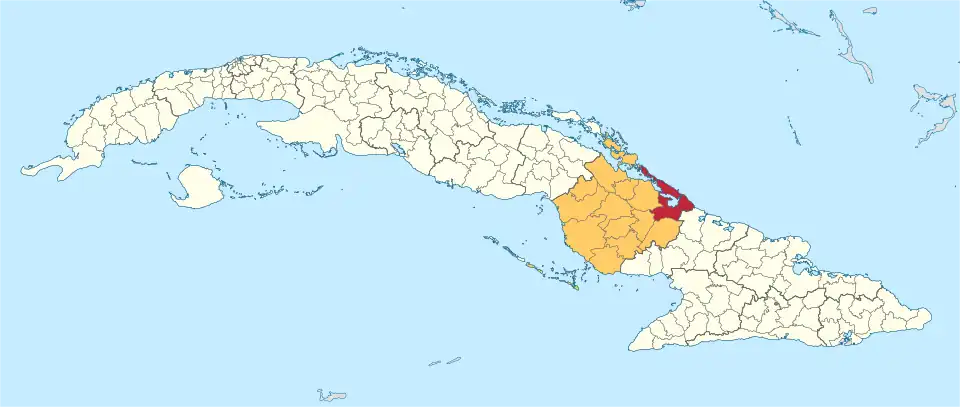 Municipalité de Nuevitas dans la province de Las Tunas (la municipalité inclut seulement cayo Sabinal&nbsp;(en) et cayo Guajaba&nbsp;(en), les deux plus à l'est en rouge[1])