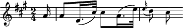 
\header {
  tagline = ##f
}

\score {
  \new Staff \with {

  }
<<
  \relative c'' {
    \key a \major
    \time 2/4
    \override TupletBracket #'bracket-visibility = ##f 
    \autoBeamOff

     %%%%%%%%%%%%%%%%%%%%%%%%%% K23
     \partial 16 a16 a8[ e16.( cis'32)] cis8[ a16.( e'32)] \grace e16( d8) cis

  }
>>
  \layout {
    \context {
      \remove "Metronome_mark_engraver"
    }
  }
  \midi {}
}
