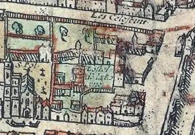Hôtel de la Reine, sur les ruines duquel furent percées, vers 1550[10], les rues des Lions, de la Cerisaie et Beautreillis ; en haut la rue du Petit-Musc, alors rue des Célestins, en bas la rue Saint-Paul, avec l'église Saint-Paul.